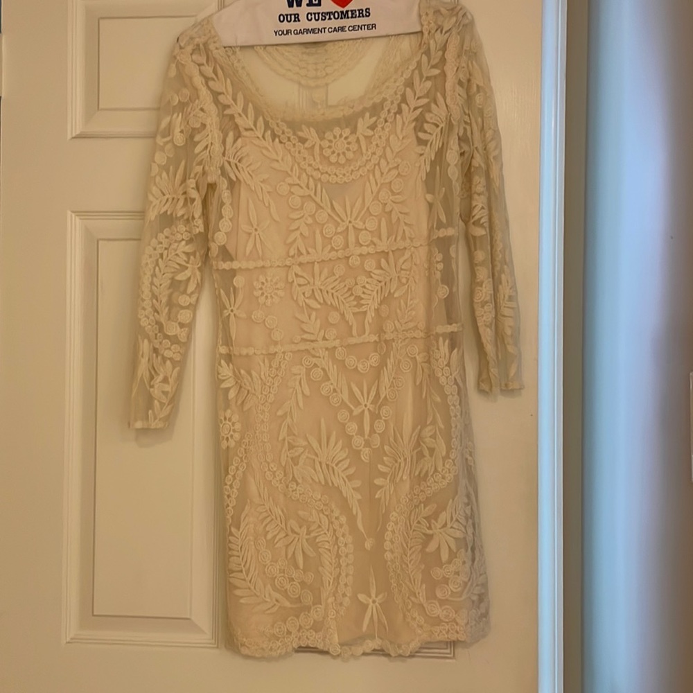 Express cream long sleeve lace dress with tank liner